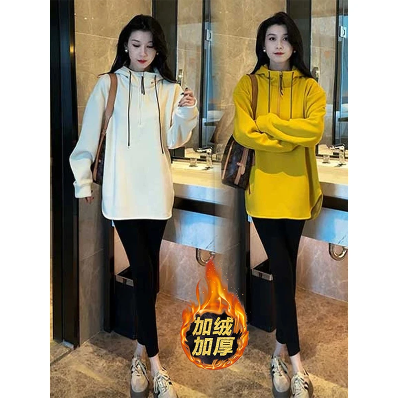 欧货加绒连帽卫衣女冬季小众设计感时尚休闲半拉链百搭中长款上衣
