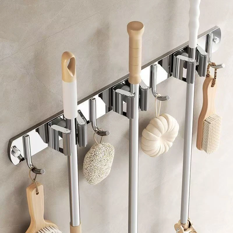 防水免打孔拖把架挂钩神器强力粘胶卫生间壁挂粘钩收纳夹不锈钢