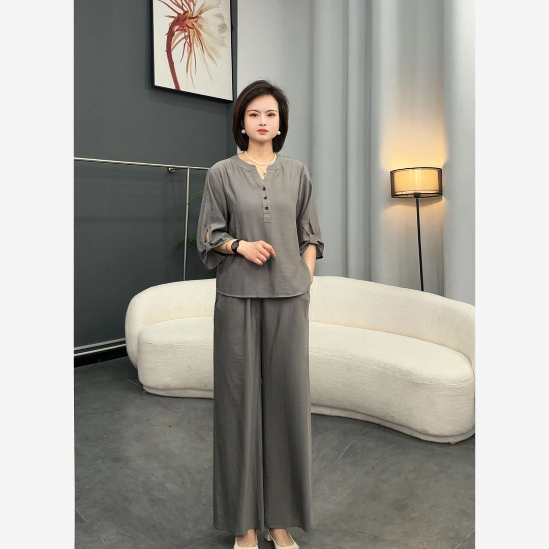 新款简约时尚宽松遮肉显瘦套头蝴蝶袖上衣松紧腰直桶休闲裤女2529