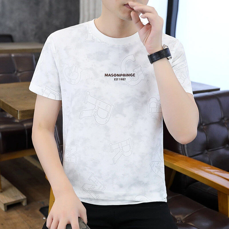 夏季冰丝圆领T恤男士烧花提花短袖潮流百搭休闲时尚打底58808