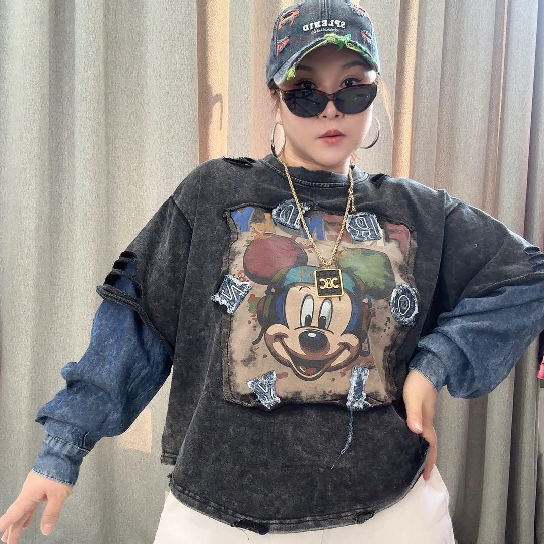 2761欧货春季新款时尚气质潮流圆领米奇破洞假两件拼接牛仔袖卫衣