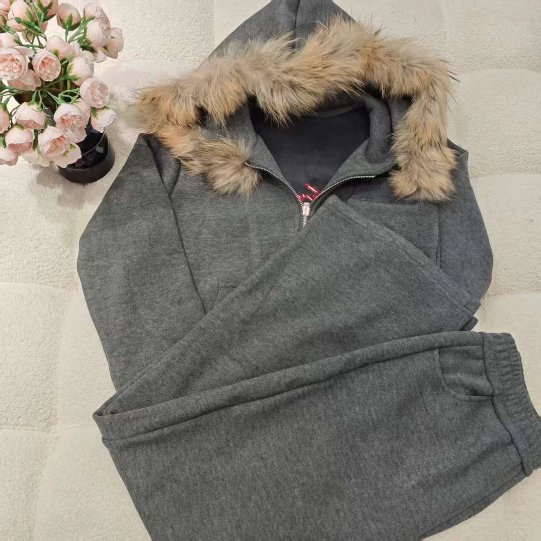 （非市场版）51212时尚毛领套装秋冬休闲风卫衣加绒两件套