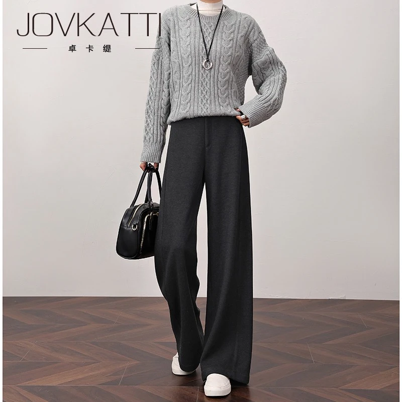 高腰宽松呢裤女秋冬季加绒深灰色阔腿裤显瘦直筒弯刀香蕉裤