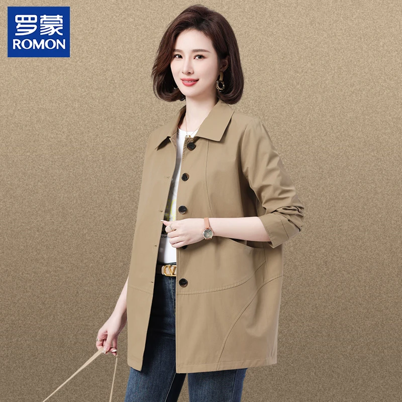 罗蒙妈妈春装时尚宽松显瘦风衣中长款洋气中老年女装纯色休闲外套