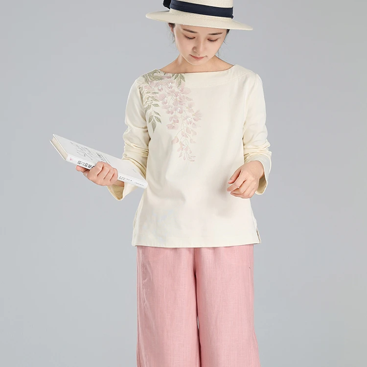尘染国风刺绣T恤女2025早春新款开春小众上衣白色纯棉长袖打底衫