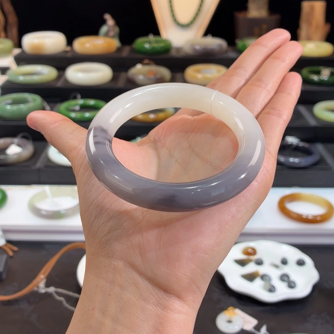 和田玉未镶嵌手镯紫白圆条55➕