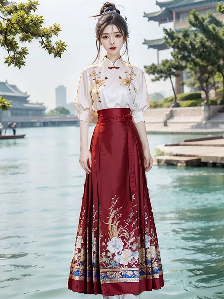新中式复古绣花上衣马面裙套装2025夏季新款五分袖衬衣时尚两件套