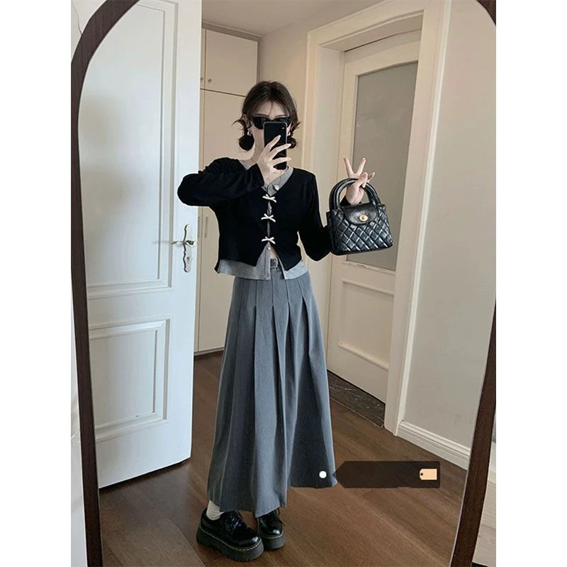 假两件短款蝴蝶结韩系修身长袖针织衫百褶半身长裙女夏季时尚套装