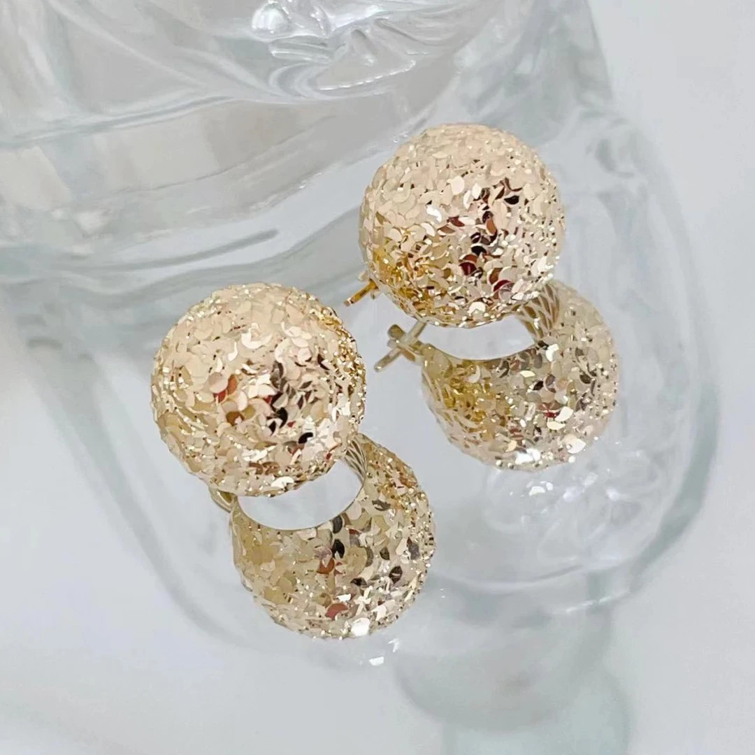 诗牧18K金碎冰冰松果耳扣爆闪车花碎金子经典百搭复古耳包气质