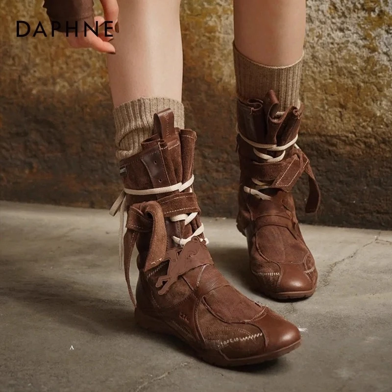 达芙妮西部牛仔靴美拉德风2025新款夏季复古堆堆靴厚底棕色中筒靴