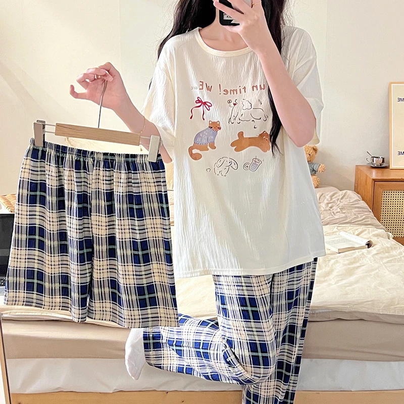 2025夏季新款云朵棉三件套卡通圆领短袖短裤长裤家居服女睡衣套装