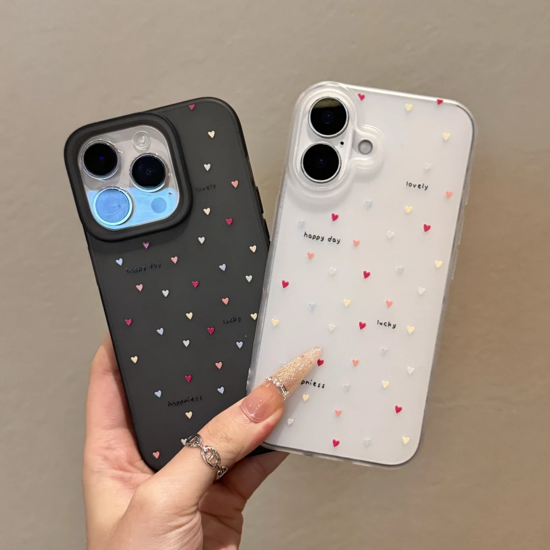 满屏彩色爱心适用苹果16PROMAX手机壳iPhone15大孔14磨砂13高级感