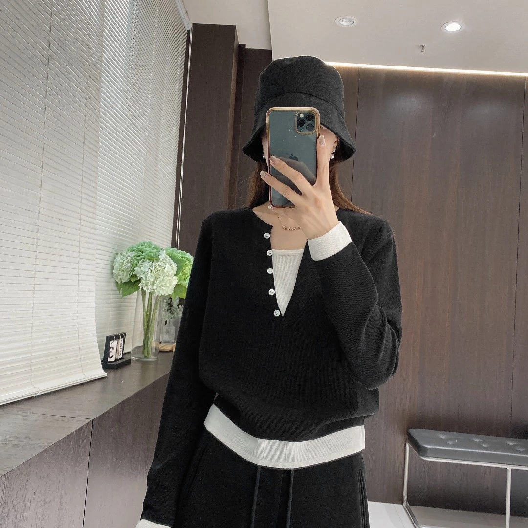 IMFLY金小金自制女装 假两件针织衫DYW8610春季拼接撞色小衫上衣