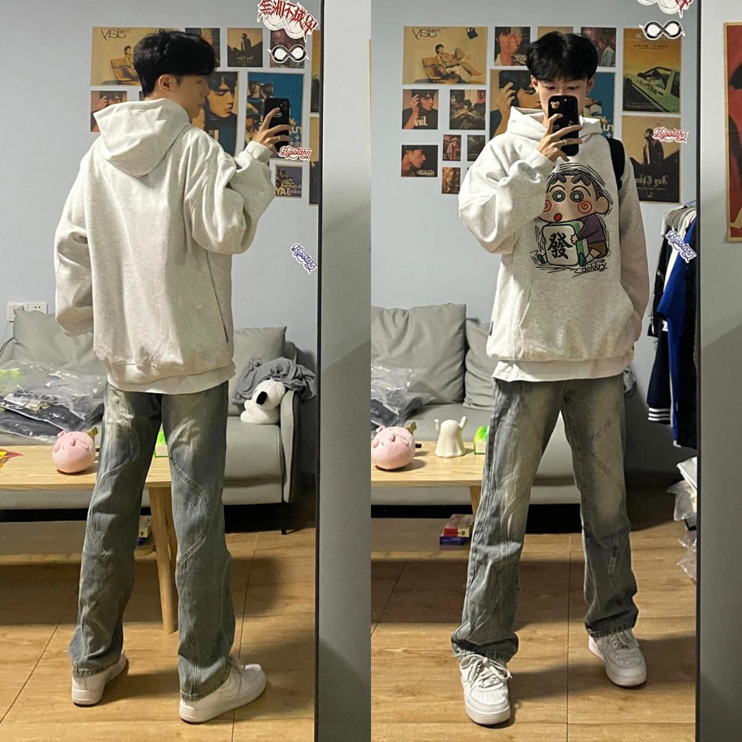 美式仿刺绣个性蜡笔小新印花连帽卫衣男女秋冬季休闲宽松情侣上衣