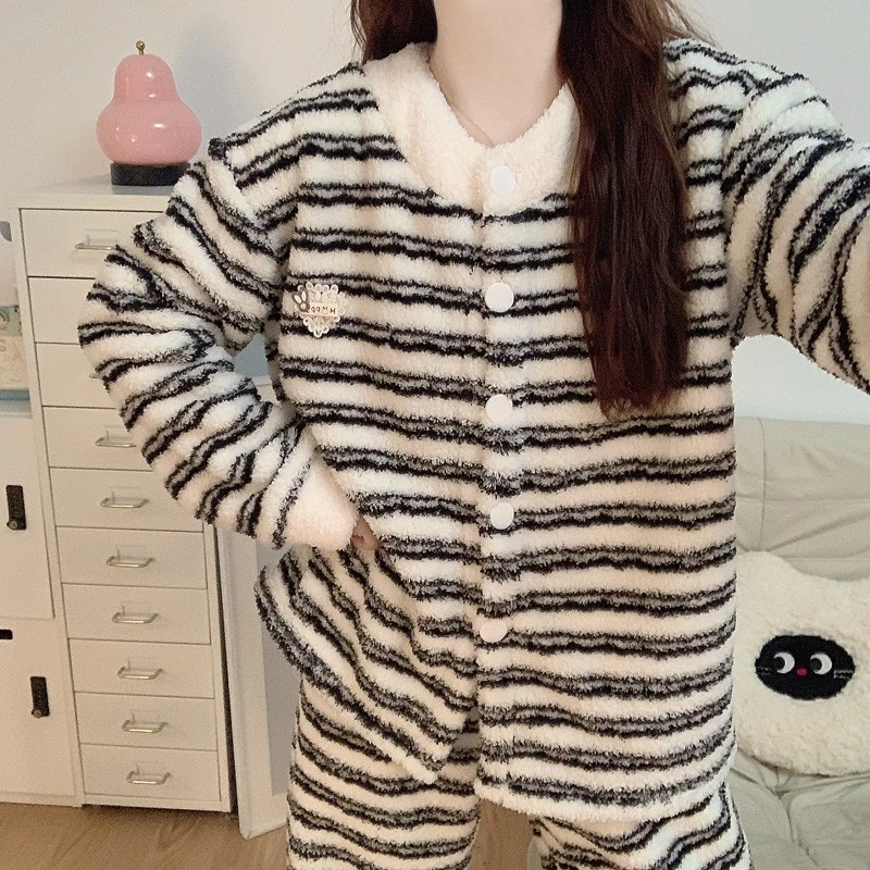 加绒加厚珊瑚绒韩系条纹睡衣女秋冬季高级感法兰绒保暖家居服套装