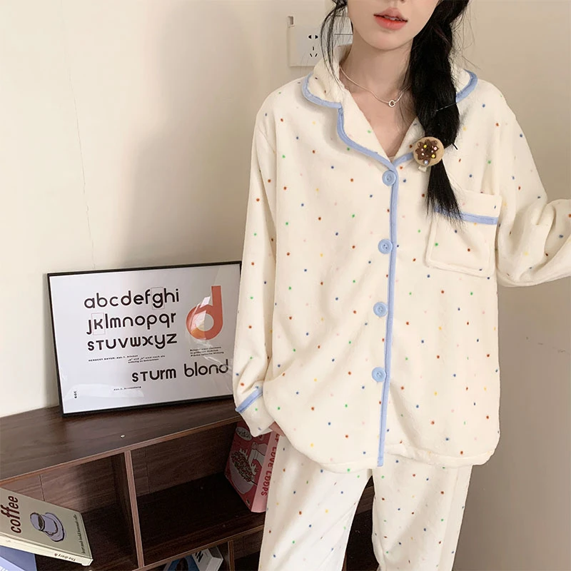 秋冬季爆款法兰绒加厚甜美波点睡衣女款2025新款珊瑚绒家居服套装