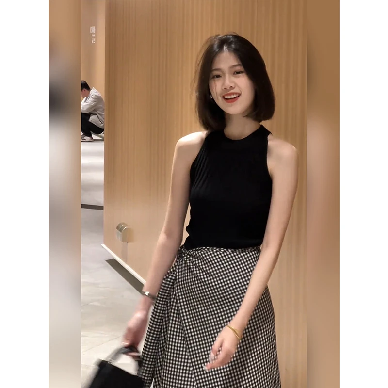 韩系内搭绝美黑色针织无袖坎肩上衣女夏季纯欲辣妹短款小吊带背心