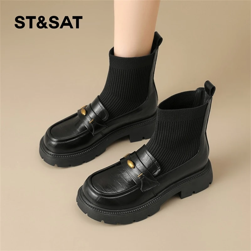 星期六厚底针织弹力靴女2025新款秋季粗跟短靴子英伦风乐福连袜靴