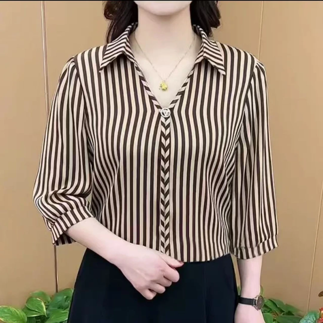 2025衬衫女夏新款设计感气质七分袖上衣洋气减龄POLO领雪纺衫衬衣