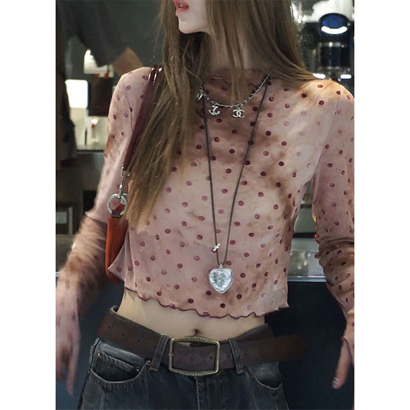 韩系甜酷风粉色波点网纱微透长袖t恤女春秋季氛围感显瘦短款上衣