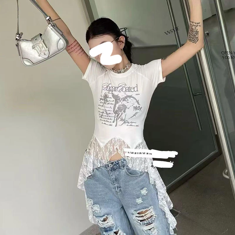 韩版时尚不规则假两件蕾丝短袖t恤女夏季辣妹短款小上衣独特绝美