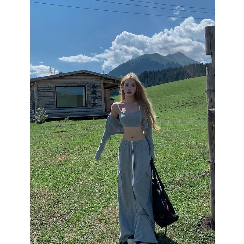 莫欣欣&（青苍现货）美式辣妹灰色运动裤直筒卫裤阔腿裤子240485