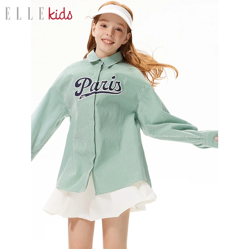 3395 ELLE KIDS法式学院风条纹贴布绣衬衫男女童春装上新休闲衬衣