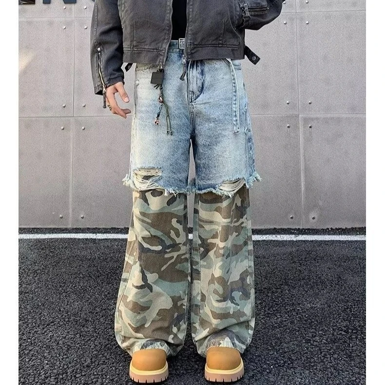 美式高街迷彩假两件拼接牛仔裤男痞帅高级感复古宽松直筒vibe裤子