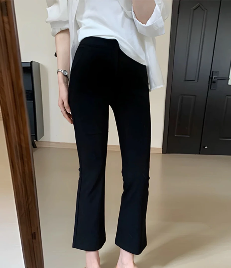 黑色高腰高弹微喇叭裤女春秋新款显瘦垂坠感阔腿休闲裤子八分