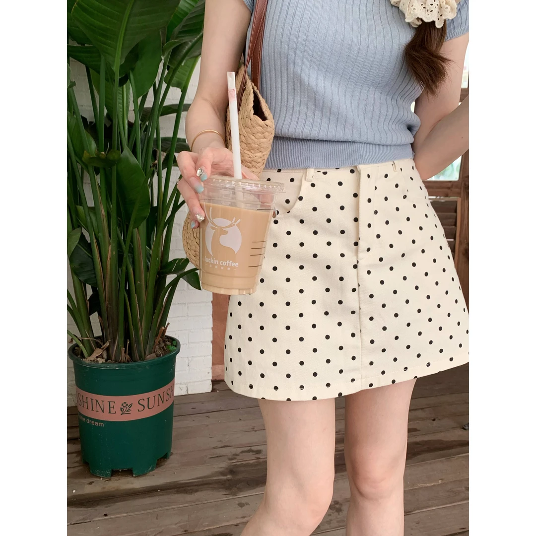 安璃 复古黑白波点口袋半身裙休闲百搭