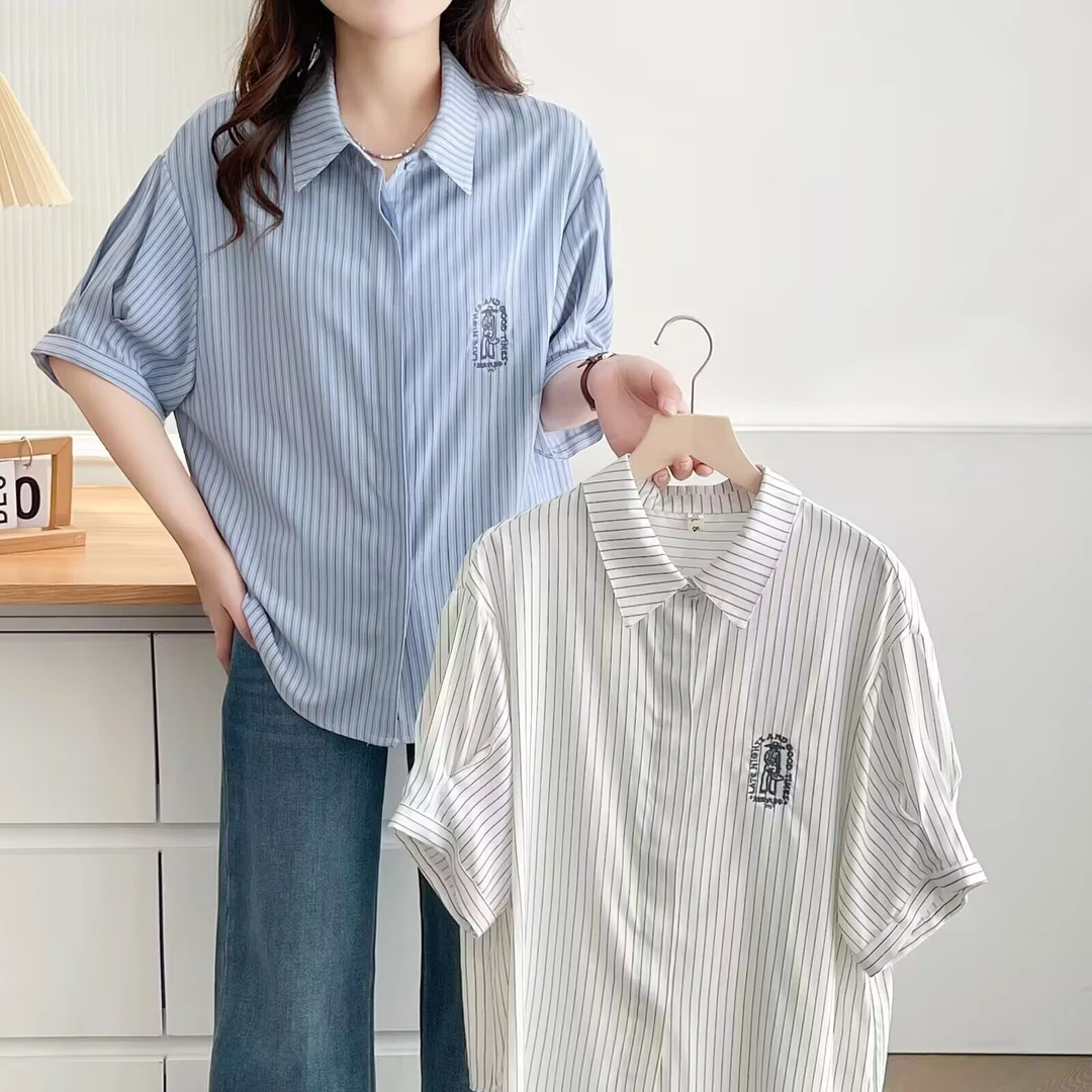 胖mm衬衫大码短袖夏季新款时尚条纹宽松休闲半袖上衣女L2513