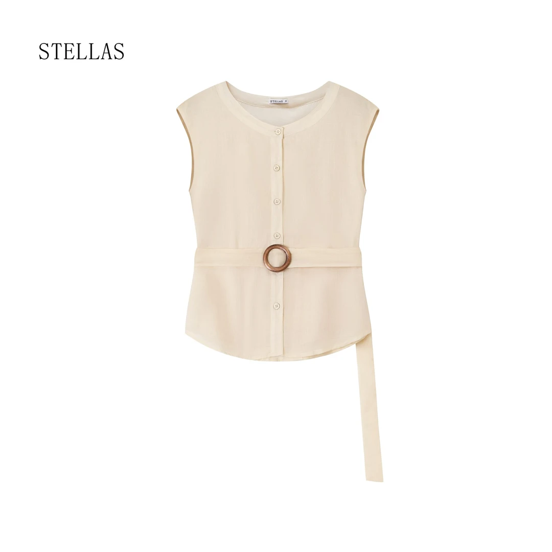 STELAS 【禾风软衫】极简老钱亚麻森系坎肩腰带收腰衬衫