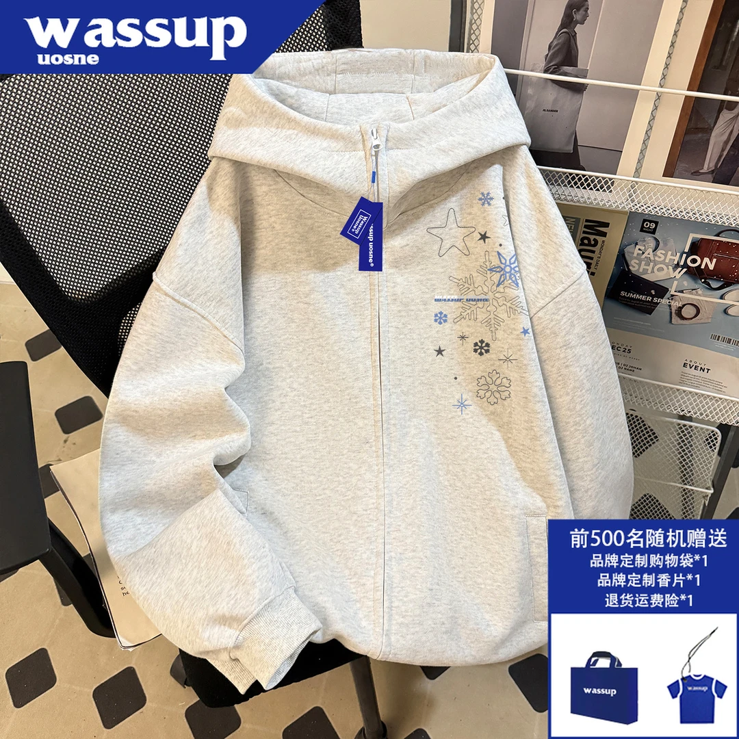 WASSUP UOSNE潮牌挺阔卫衣外套男2025新款boxy宽松休闲慵懒风帽衫
