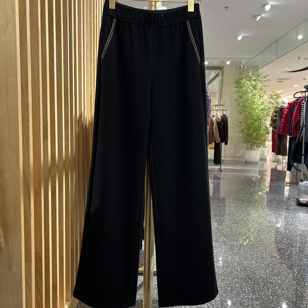 声雨竹7R129冬款加厚时尚百搭显瘦宽腿裤长裤直筒裤黑色高腰宽松