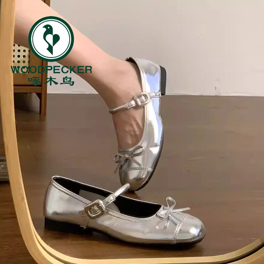 啄木鸟法式圆头蝴蝶结平底单鞋女2025新款百搭小皮鞋女浅口玛丽珍
