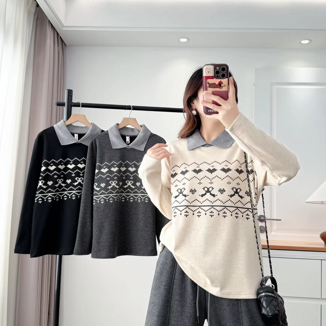 大码胖mm2025秋冬新款时尚印花加绒打底衫拼色翻领正肩上衣8868