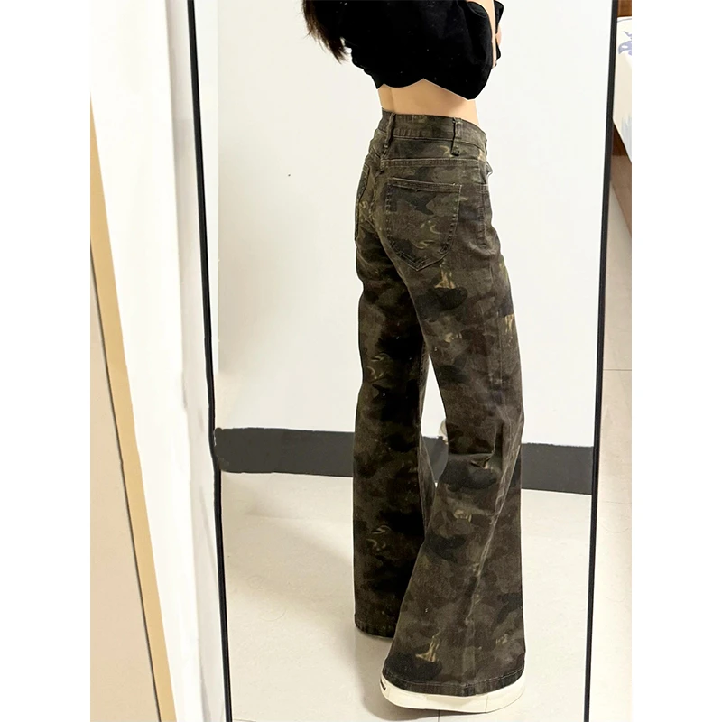 美式高级感显瘦百搭微喇牛仔裤女夏季新款复古水洗低腰迷彩阔腿裤