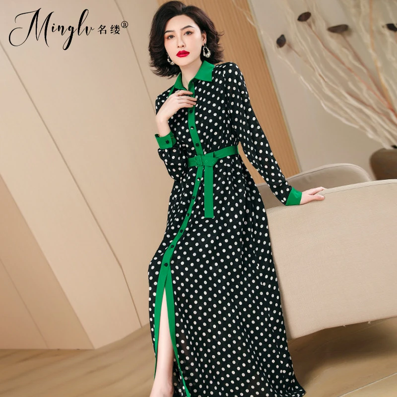 名缕品牌绿色波点连衣裙女长袖秋季法式高端精致设计感及踝长裙
