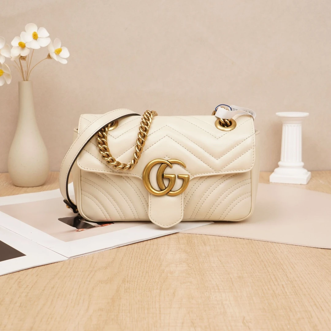 95新 GUCCI/古驰 古驰马蒙小号22白金牛皮/尘袋/22*6*13DS200430