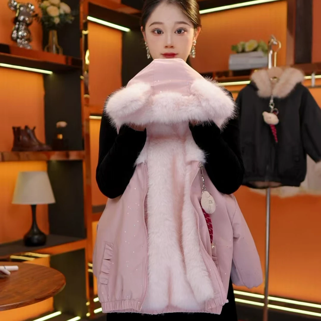 [MH美画-2]女童冬季2025新款双面穿加绒加厚卡通小熊耳连帽草草