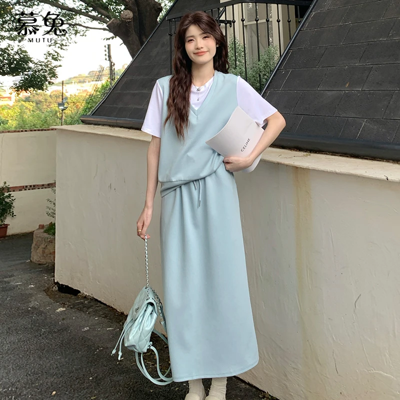 慕兔假两件短袖上衣高腰半身裙两件套女2025夏新款慵懒风休闲套装