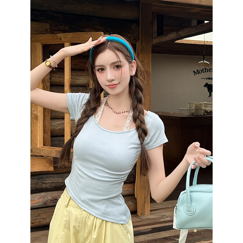 戈缕辣妹挂脖蕾丝亮片短袖t恤女2025夏季修身显瘦打底衫纯欲上衣