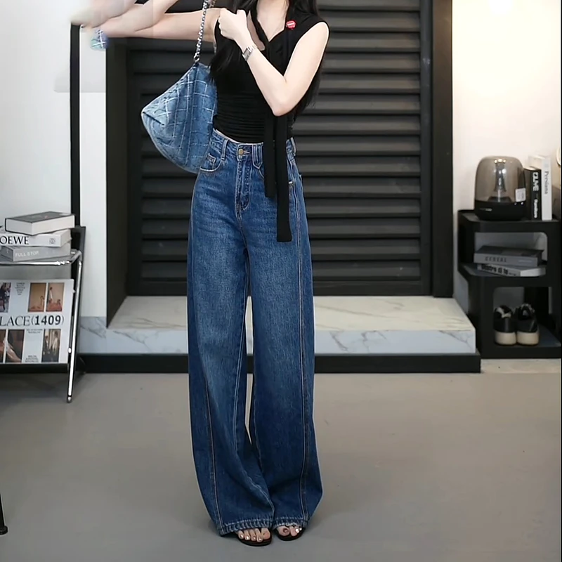 2025春秋新款深蓝色高腰牛仔裤女休闲韩版弯刀裤长裤LK2505442