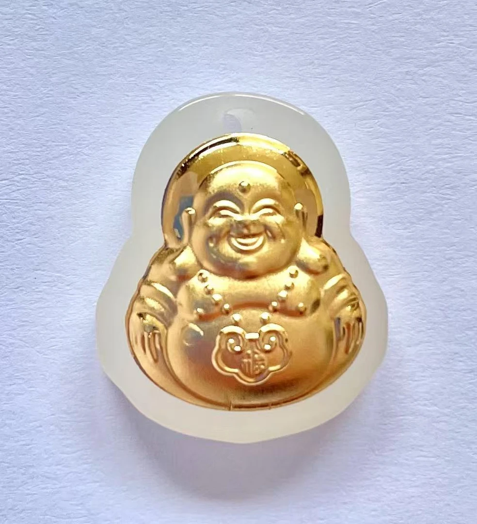 【浩然甄选】足金和田玉佛公 大肚弥勒佛冰润镶嵌精美时尚吊坠