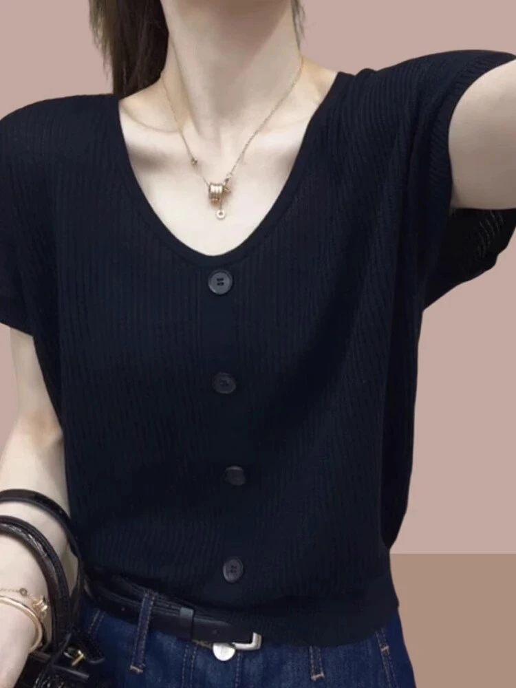 胖m夏季新款冰丝针织衫短袖t恤女宽松大码女装遮肚子显瘦上衣爆款