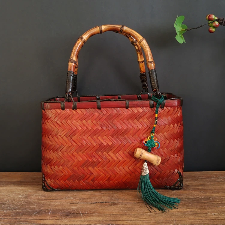 小号手工复古竹编包方型女士小手提包竹子拎包流苏挂件茶具收纳包