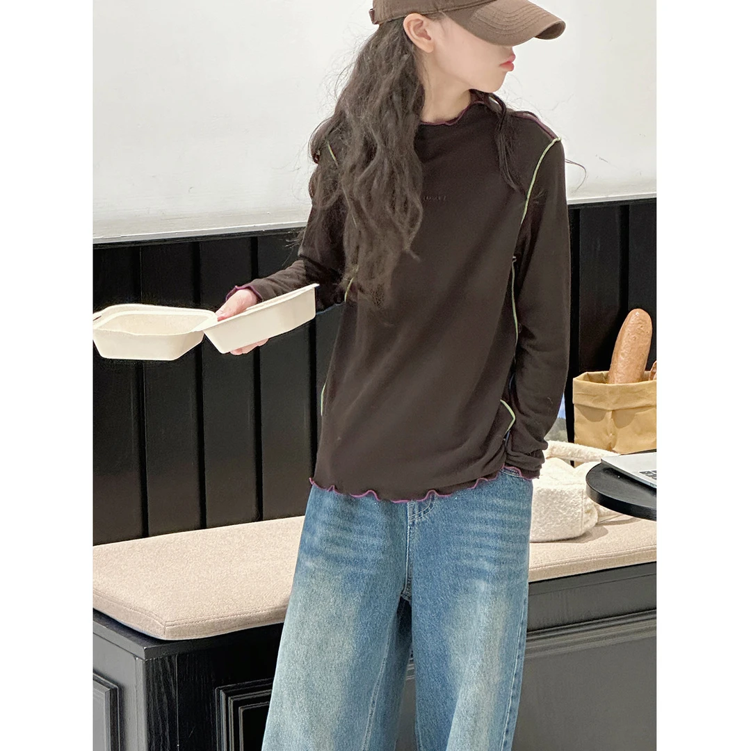 K29555孙小美撞色明线女童长袖T恤2025新款秋装儿童上衣春秋打底