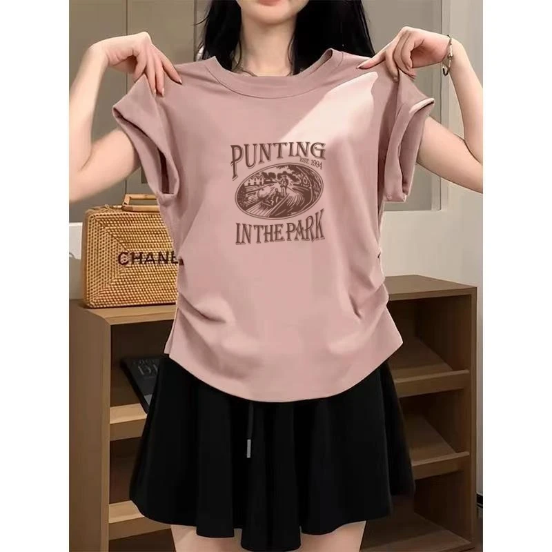 纯棉显瘦T恤飞飞袖韩版修身短袖印花洋气休闲短款设计感百搭夏季