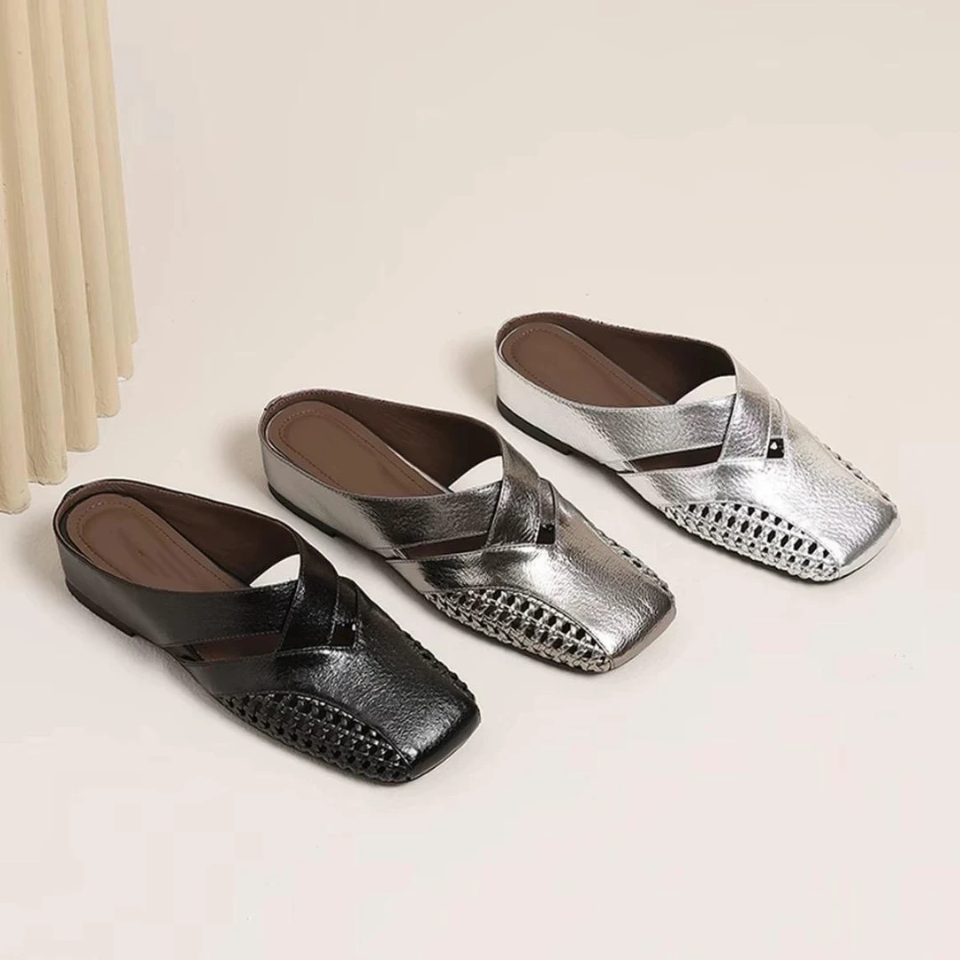 【有运费险】正品真软皮简约包头半拖女外穿时尚百搭编织镂空凉拖鞋