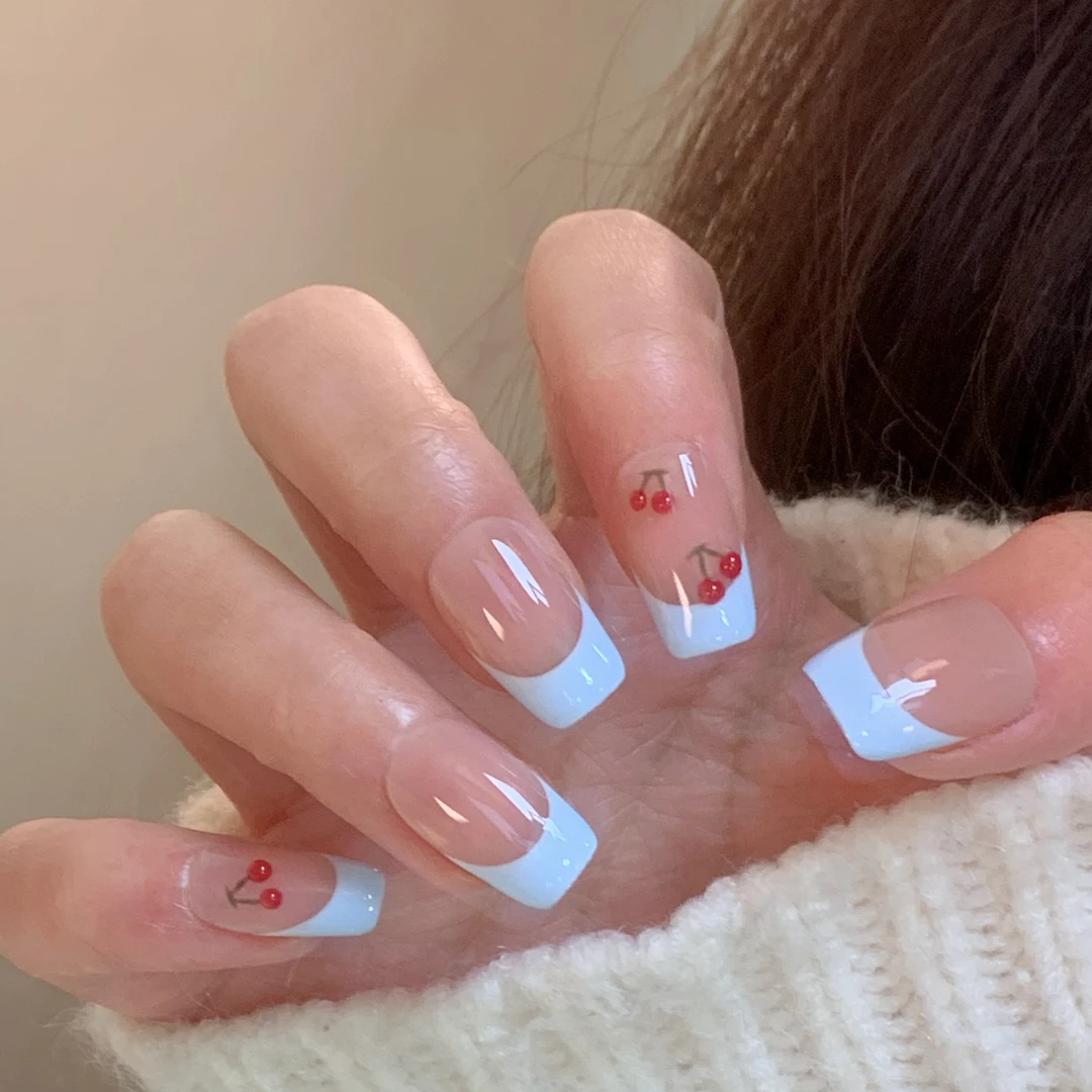 （预）蓝色法式立体樱桃日常显白A153（短椭圆火爆款）高级穿戴美甲